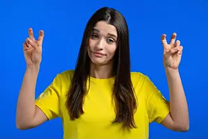 Hand Gesture Prints: Pretty woman showing with hands and two fingers air quotes gesture
