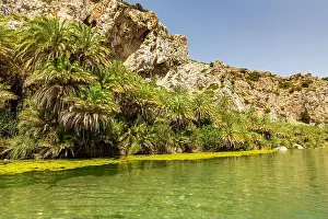 Creta Prints: Preveli beach, a river flowing through the mountains and palm trees on the shore