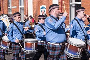 Northern Ireland Prints: Pride of the Maine loyalist flute band parading through Ballymena during annual Orange Order St