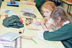Ability Prints: Primary school children learning at desks in classrooms