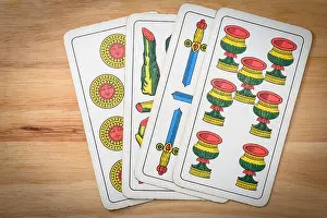 Chance Prints: Primiera settebello italian card on a wood background
