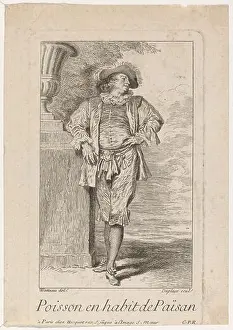 Habit Prints: A print by Louis Deplaces after Antoine Watteau depicting a fish dressed in peasant attire
