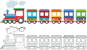 Book Illustration Prints: Printable coloring page for children featuring colorful train isolated