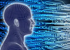 Human Representation Prints: Printed circuit board and wireframe head
