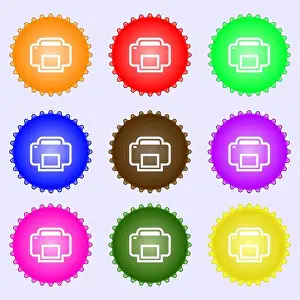 Printing icon sign. A set of nine different colored labels. Vector illustration