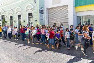 Yucatan Peninsula Prints: Procession of people carrying palm leaves on Palm Sunday