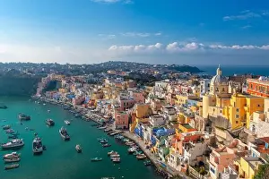Procida, Italy old town skyline in the Mediterranean in the afternoon