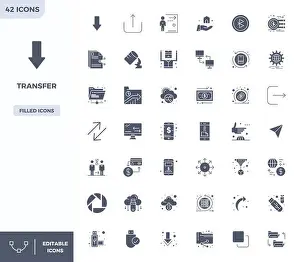 Data Transfer Prints: Professional-grade collection of 42 Filled vector icons representing Transfer