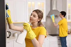 Gloves Prints: Professional janitors working in kitchen. Cleaning service