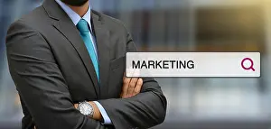 Optimization Prints: Professional standing in front of office with marketing search bar illustrations