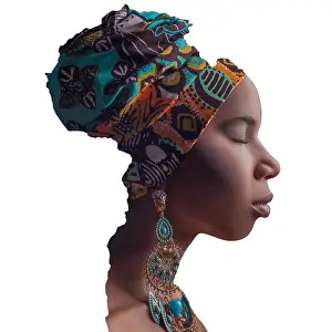 Femininity Prints: Profile side view portrait of closed eyes beautiful african woman with tradition headscarf