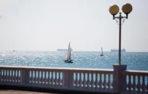 Yacht Prints: promenade with balustrade on the background of the sea
