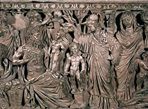 Relieve Prints: PROMETEO CREA AL HOMBRE ANTE ATENEA - SARCOFAGO ROMANO - 180-190 DC - MARMOL