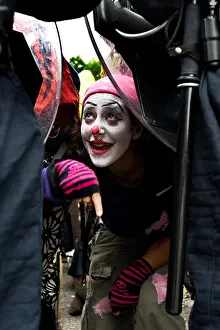 Clown Prints: A protester near Heathrow airport, marching against plans for a third runway