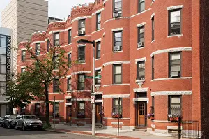 Bay Window Prints: Protrusion facade bay window residential red brick house in Boston