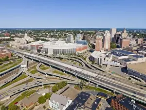 Blvd Prints: Providence interchange road at Interstate Highway I-95 exit 22 to Memorial Blvd aerial view in downtown Providence
