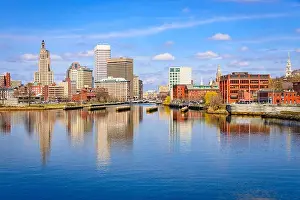 Providence, Rhode Island, USA downtown skyline on the river