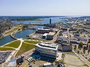 American United Prints: Providence River and Bridge aerial view near river mouth in downtown providence