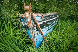 Shipwreck Prints: The prow of the wreck of an old blue wooden fishing boat stranded on the coast near the port of Roundstone in Connemara