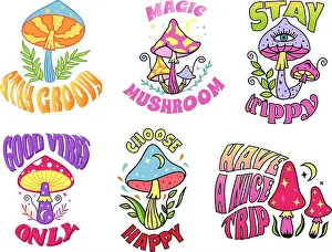 Hippie Prints: Psychedelic mushroom slogans. Stay groovy and trippy print