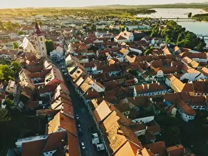 Drava Prints: Ptuj Cityscape at Sunrise. Slovenia Oldest City from Above Drone