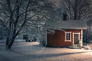 Ray Of Light Prints: Public cozy old cafe place with snow mood at winter evening in Finland
