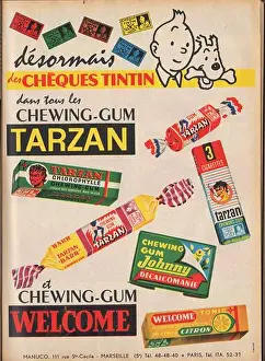 Cacao Prints: publicite chewing gum Welcome Tarzan Cheques Tintin vers 1960 / Chewing gum advertising Welcome Tarzan Checks Tintin