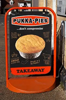 Pies Prints: Pukka-Pies Takeaway sign outside chip shop, Wickham Market, Suffolk, England, UK