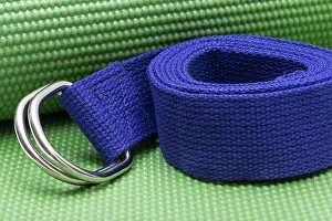 Physical Prints: Purple Yoga Strap on Green Yoga Mat. Exercises for beginners