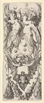 Ornaments Prints: Two putti above, their legs ending in scrollwork