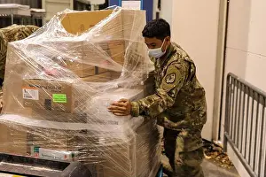 Domain Prints: Pvt. Edwin Gallardo helps stabilize a pallet containing medical supplies at the Cashman Center vaccination site