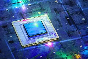 Core Prints: Quantum computer technology concept with 3d rendering cpu chips on board
