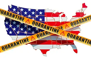 Viral Prints: Quarantine in the USA concept. The United States map with caution barrier tapes