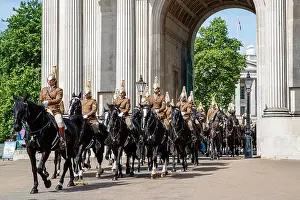 Rehearsal Prints: Queens Life Guards riding horses through Wellington Arch