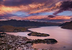 Hill Island Prints: Queenstown cityscape with Wakatipu lake and Remarkables Mountains at sunset, New Zealand