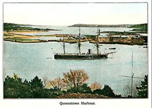 Munster Prints: Queenstown Harbour 1910 coloured photograph of the seaport in Cork Harbour renamed Cobh in 1922