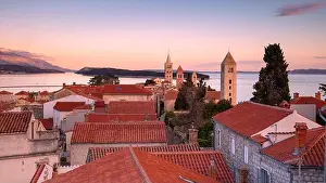Rab, Rab Island, Croatia. Panoramic cityscape image of iconic village Rab, Croatia located on Rab Island at sunset
