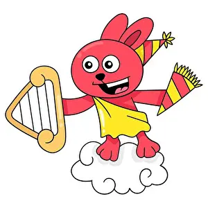 the rabbit is flying above the clouds playing the harp, vector illustration art. doodle icon image kawaii