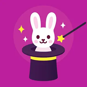 Rabbit in magician hat, magic trick illustration. Cute cartoon vector drawing of white bunny inside top hat