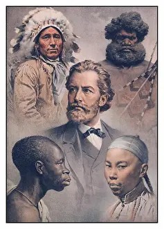 Ethnology Prints: The five races of Mankind. five men representing: an American Indian