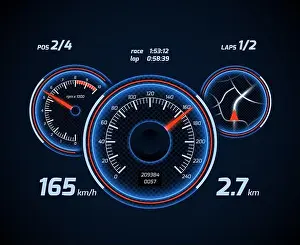 Gauge Prints: Racing car computer and app smartphone game dashboard with speedometer and gps