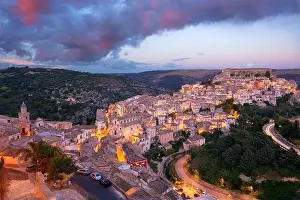 Ragusa Ibla, Sicily, Italy. Aerial cityscape image of historical town Ragusa Isla, Sicily at sunset