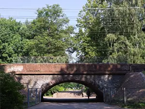 Overpass Prints: Railway bridge in the Udelny Park in the summer in St