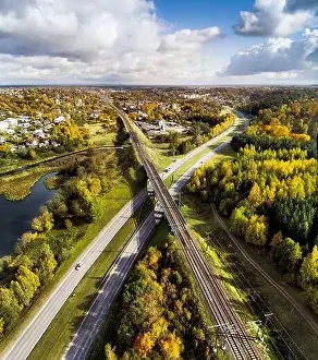 Vilnius Prints: Railway road and autumn city view of Vilnius district Naujoji Vilnia