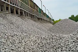 Rails Prints: Railway. Transportation of crushed stone by rail. Unloading railway platform