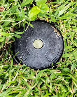 Irrigation Prints: A Rainbird in-ground sprinkler head in a fescue lawn in Kansas, USA