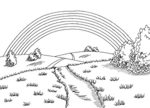 Glade Prints: Rainbow hills graphic black white road landscape sketch illustration vector