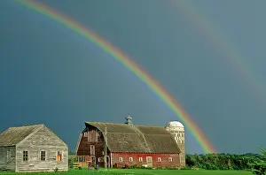 Silo Prints: Rainbow over red barn in rural Blue Earth County near Medelia, Minnesota, USA