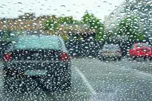 Raindrop Prints: Rainy days. Driving in rain, rainy weather. Rain drops on window