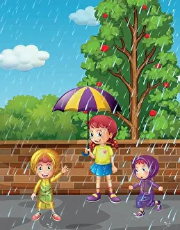Raining Prints: Rainy season with three kids in the rain illustration